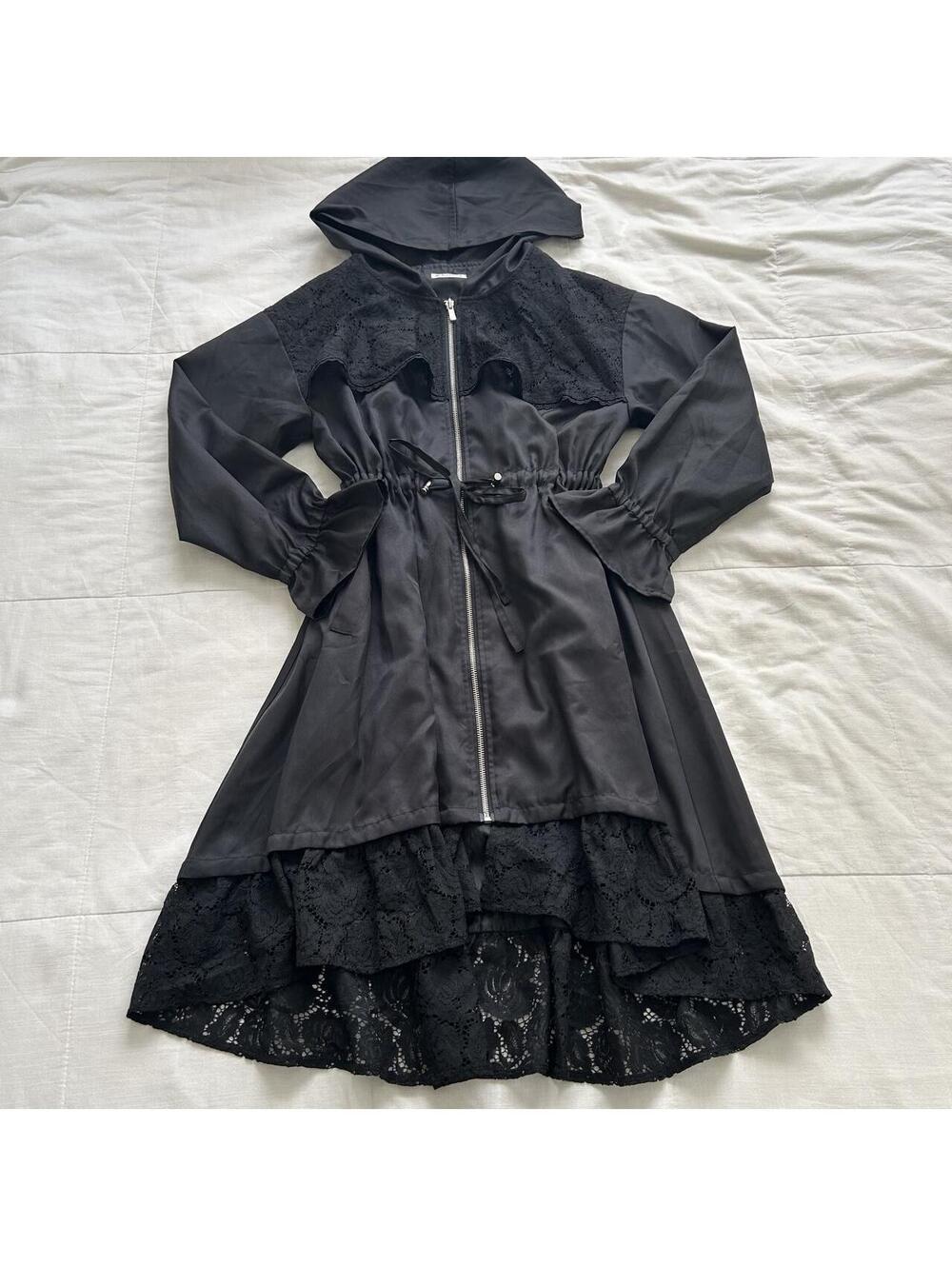 Axes Femme Black Hooded Coat Dress Tiered Lace Bell Sleeve Medium Japan